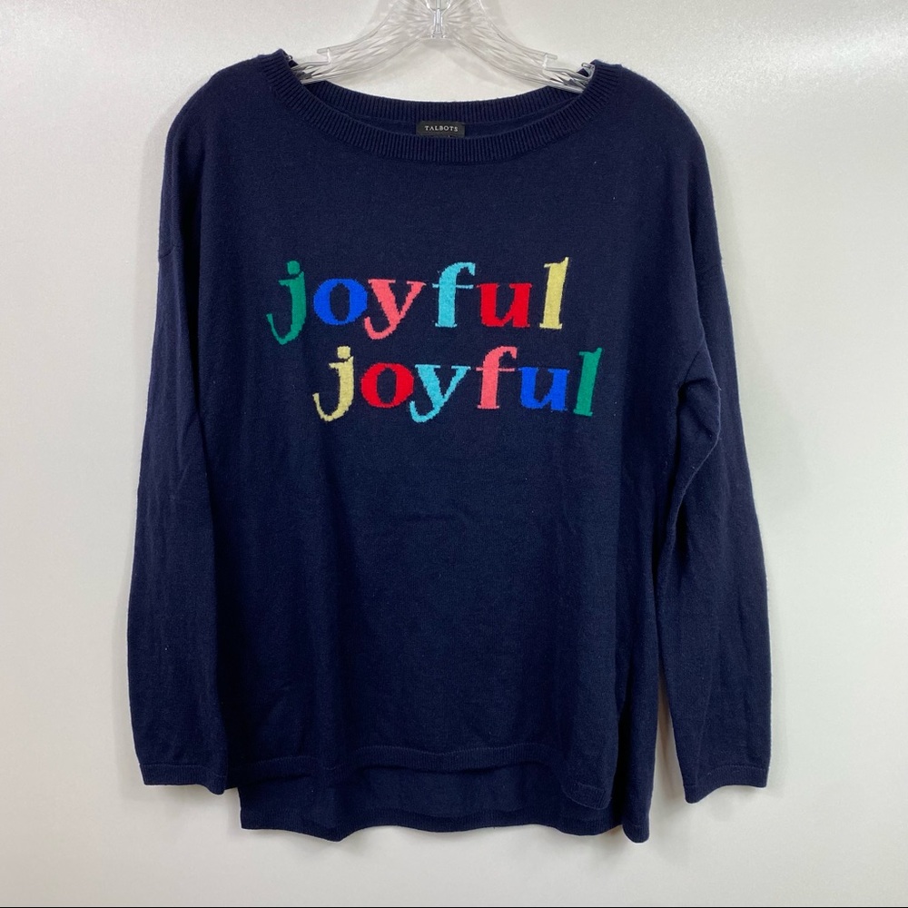 Talbots Joyful Joyful Christmas Pullover Sweater Navy Blue Size Medium